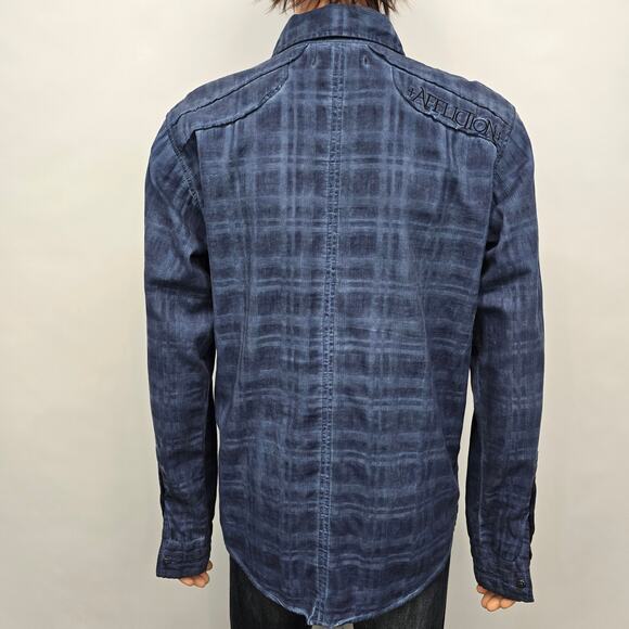 Affliction Black Premium Shirt Blue Plaid Long Roll tab Sleeves Dual Pockets L - Picture 7 of 13